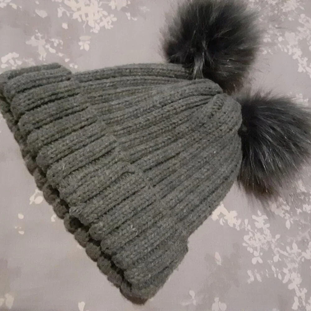 Ribbed Knit Wool Blend Hat with Faux Fur Pom Poms